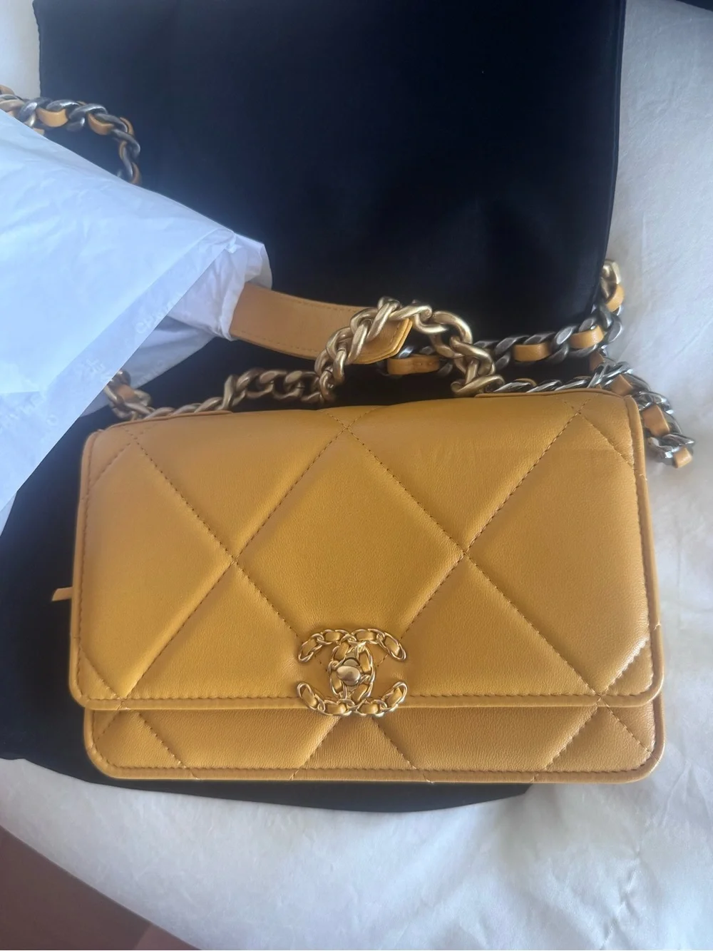 CHANEL Quilted Shoulder Bag in Mustard Yellow with Gold-Tone Hardware